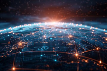 Poster - We shake with world globes and abstract visions with business disruptive partners. Connecting 5G blockchain technology innovation and digital transformation leadership.