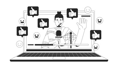 Poster - Popular video blogger black and white 2D illustration concept. Caucasian male podcaster on laptop cartoon outline character isolated on white. Social media popularity metaphor monochrome vector art