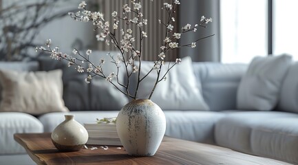 Close-Up of a Vase with Blooming apricot tree branches on a wooden coffee table against a grey sofa in a modern living room at home. 