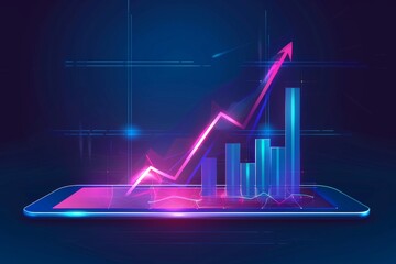 Poster - A front view of a modern growing financial chart with a rising up arrow on a dark blue background with an empty space for your logo. A mockup, 3D render of an investment, trading and stock market