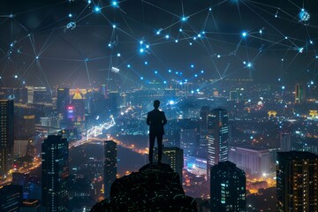 Poster - Smart city concept, artificial intelligence controlling infrastructure and data traffic and ensuring safety. World communication concept, generative AI.