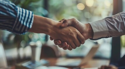 Wall Mural - smiling businessman shaking hands with partner after signing agreement office meeting