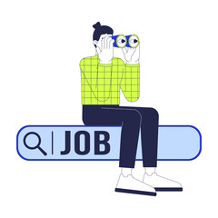 Poster - European man looking for job 2D linear illustration concept. Unemployed male sitting on search box cartoon character isolated on white. Online vacancy metaphor abstract flat vector outline graphic