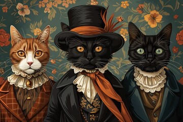 Wall Mural - Cat dressed in victorian era clothing illustration sketch drawing