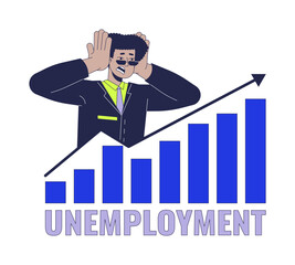 Poster - High unemployment rate 2D linear illustration concept. Scared latin american man with diagram cartoon character isolated on white. Job market failure metaphor abstract flat vector outline graphic