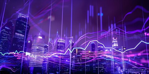Wall Mural - Nighttime city skyline with holographic stock market graph popular for financial education. Concept City Skylines, Nighttime Views, Holographic Graphics, Stock Market, Financial Education