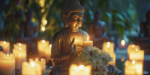 Golden statue of Buddha among lit candles and flowers. Close up. Banner style. Outdoor shot