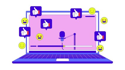 Poster - Vlogging microphone in laptop live stream line 2D object animation. Social media popularity flat color cartoon 4K video, alpha channel. Video blog reactions animated item on white background
