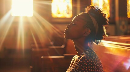 Wall Mural - spiritual black woman praying in church divine sunbeams shining through window faith and devotion concept