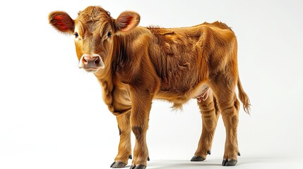 Wall Mural - a brown cow standing isolated on a white background, ultra hd, 8k, realistic, bright color, high quality photo, high detailed 