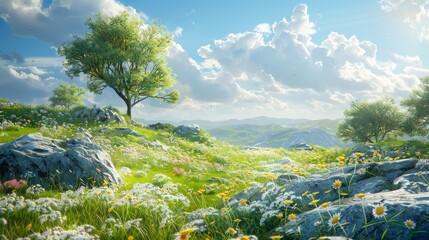 Scenery with meadows and blue skies