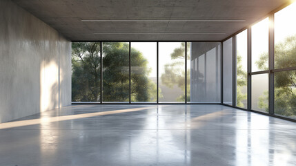 Aufkleber - Modern Loft Style Empty Space Interior with Polished Concrete Floor, Large Windows, and Natural Sunlight