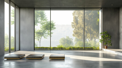 Aufkleber - Modern Loft Style Empty Space Interior with Polished Concrete Floor, Large Windows, and Natural Sunlight