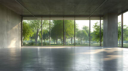 Aufkleber - Modern Loft Style Empty Space Interior with Polished Concrete Floor, Large Windows, and Natural Sunlight