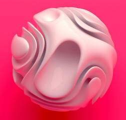 Wall Mural - 3d render abstract art with surreal alien sphere ball in curve wavy organic smooth and soft lines forms in glossy white ceramic material on rose pink background in deformation process