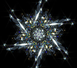 Wall Mural - 3d render of abstract art with transform rotating fractal diamond crystal alien star flower in curve lines forms in glass material with color dispersion effect on black background based on rectangles