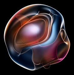 Wall Mural - 3D render of abstract art of surreal alien ball flower in spherical round wavy smooth soft biological lines forms in transparent plastic in orange purple red gradient color on black background