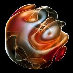 Wall Mural - 3D render of abstract art of surreal alien ball flower in spherical round wavy smooth soft biological lines forms in transparent plastic in orange purple red gradient color on black background