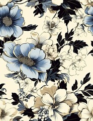 Wall Mural - pretty black flowers wallpaper for decoration, beige and aquamarine colors.