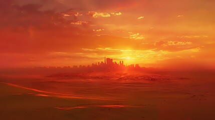 Wall Mural - a desert landscape during sunset. The sky is painted with hues of orange and pink, reflecting on the sandy ground. The silhouette of a city or village can be seen in the distance
