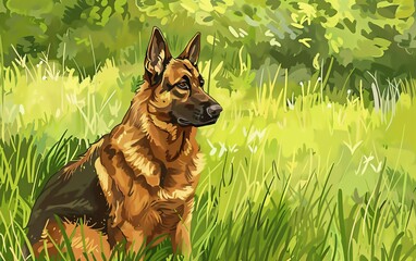 German Shepherd with a sleek coat sitting in a lush green field, detailed fur texture, natural light, realistic portrayal, high detail, photorealistic quality