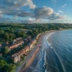 aerial photo of the beautiful town of filey in the uk, showing the beach front and open air public swimming pool on a sunny summers day isolated on white background, png