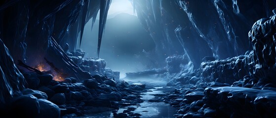 Mystical dark cave with glowing lights. 3d render illustration