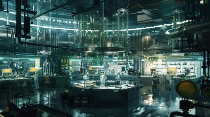 Wall Mural - 3D render of futuristic artificial intelligence. Automated robot arm machine in an industrial factory. Monitoring data and machine learning.