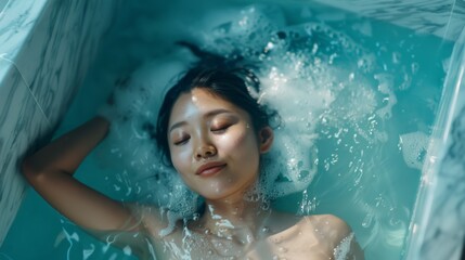 Wall Mural - portrait of young asian woman taking ice bath