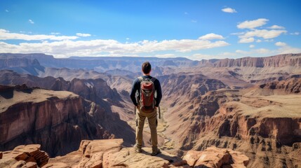 person standing top canyon view hiking explore success trip relax.