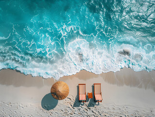 Wall Mural - The sandy beach is dotted with several lawn chairs. The ocean, a beautiful shade of blue