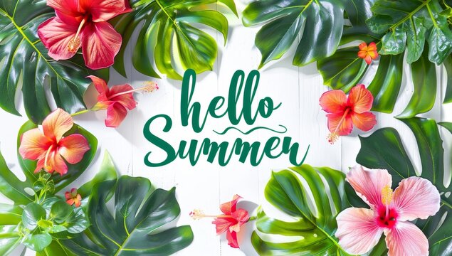 A vibrant and colorful summer background with lush tropical leaves in various shades of green, arranged to form the text 