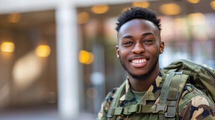 A smiling man in a camo uniform with a backpack