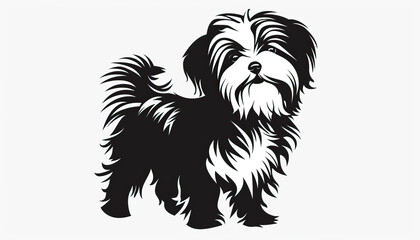 Wall Mural - Simple and modern 2d vector graphic design illustration of Havanese dog in stencil print style on white background, isolated, black and white
