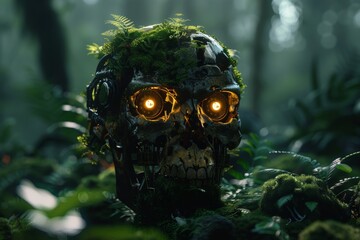 Poster - This cyborg is made of decomposing wood that is covered in mushrooms and moss. The robot uses a generative artificial intelligence to recycle the environment.