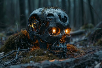 Poster - The decomposing wood of the cyborg is covered with mushrooms and moss, making it a generative machine with artificial intelligence.