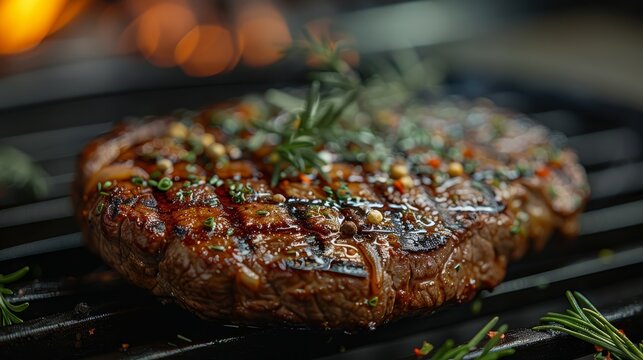 close-up of a perfectly grilled beef steak garnished with fresh rosemary, capturing the juicy and de