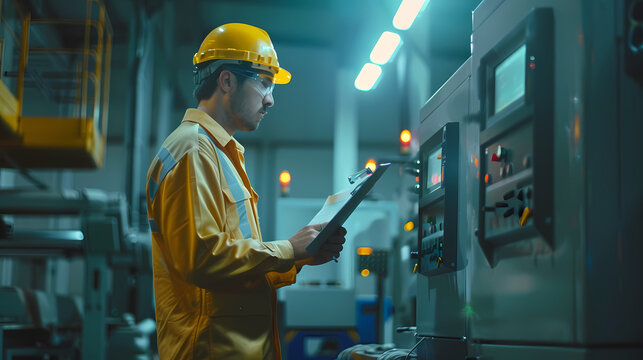 Male engineer worker working with clipboard and control machine in factory Male worker working with CNC machine with safety uniform helmet in industry factory. Copy space image. Place for adding text 