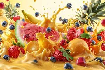 Wall Mural - Sweet tropical fruits and mixed berries. A splash of juice. Watermelon, banana, pineapple, strawberry, orange, mango, blueberry, cherry, raspberry, papaya. 3d vector realistic, highest quality. 