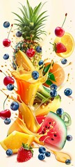 Wall Mural - Sweet tropical fruits and mixed berries. A splash of juice. Watermelon, banana, pineapple, strawberry, orange, mango, blueberry, cherry, raspberry, papaya. 3d vector realistic, highest quality. 