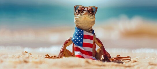 The image depicts a charming chameleon holding a flag of the United States on Independence Day, 4th of July. The AI is generative.