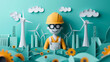 © QuietWord - cute paper cut style illustration, Nuclear engineer with powerplant kid future dream career concept