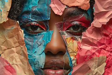 Canvas Print - Collage portrait painting facial closeup eye contact print design art poster Generative AI technology