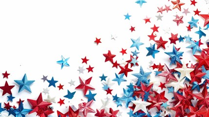 Red, white, and blue stars scattered with copy space, patriotic theme, isolated on white background, photorealistic, surreal, double exposure, neutral backdrop