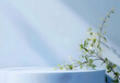 © B-Ast-BRT - Background blue podium product platform 3D display stage stand luxury. blue background podium abstract studio leaf pedestal scene minimal plant design cosmetic light presentation wall modern tree.
