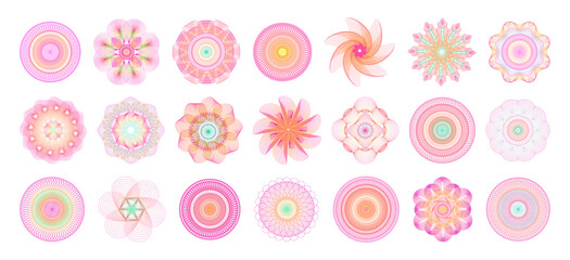 Poster - Spiral icons. Gradient color seals. Circular line signs. Watermark shapes. Guilloche pattern. Mandala circles. Optical illusion ornament. Abstract geometric forms. Vector stamps set