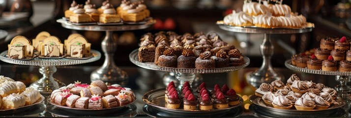 Wall Mural - A high-angle view of an elegant bakery display filled with an assortment of exotic desserts, each sweet and tempting, presented on silver platters