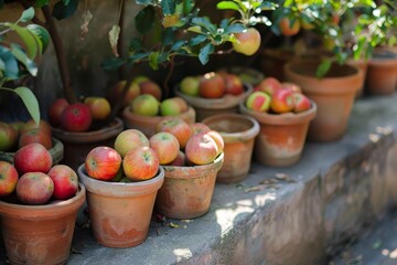 Poster - A bountiful harvest of ripe,vibrant apples nestled in a row of weathered terracotta pots,surrounded by the lush,verdant foliage of an autumn garden. This natural.