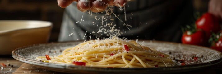 Wall Mural - A hand generously sprinkles grated Parmesan cheese over a steaming plate of spaghetti, showcasing the final touch to a delicious Italian dish
