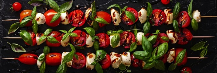 Wall Mural - A close-up, overhead view of a platter filled with skewers of Caprese salad ingredients. Each skewer features cherry tomatoes, fresh mozzarella, and basil leaves, artfully arranged